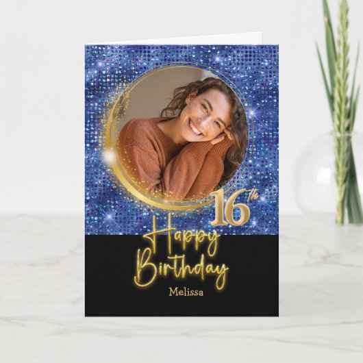 Modern Blue & Gold Script Photo Name 16th Birthday Karte (Vorderseite)