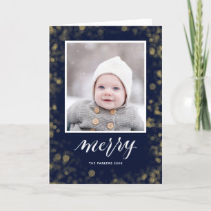 Modern Blue Gold Snowflakes Bokeh Minimalistisches Feiertagskarte