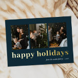 Modern Blue Gold Typografy Happy Holidays Foto Folien Feiertagskarte<br><div class="desc">Moderne Blue Gold Typografie Happy Holidays Foto Real Foil Holiday Card. Mit dieser festlichen und modernen Foil Holiday Card senden Sie Ihren Lieben einen Urlaubssalon mit Fotos. Alle Texte sind so vorbereitet,  dass Sie sie einfach und schnell mit Ihren eigenen Details personalisieren können. Gute Ferien!</div>