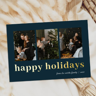 Modern Blue Gold Typografy Happy Holidays Foto Folien Feiertagskarte