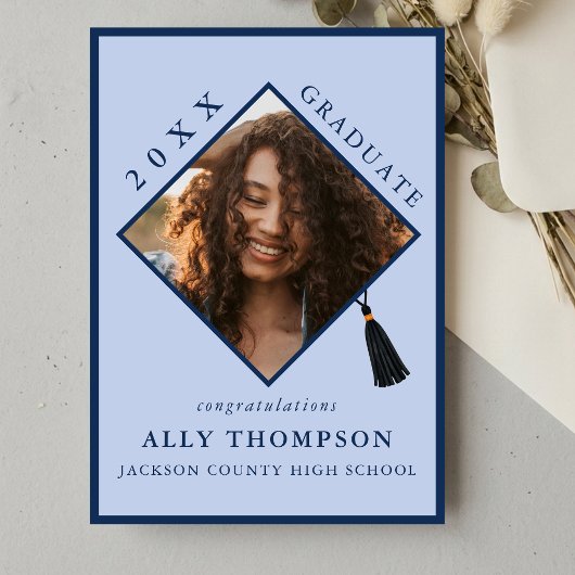 Modern Blue Graduation Cap Photo Announcement Einladung