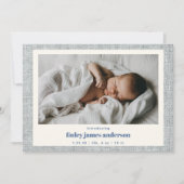 Modern Blue Gray Linen Texture Baby Foto Birth Ankündigung (Vorderseite)
