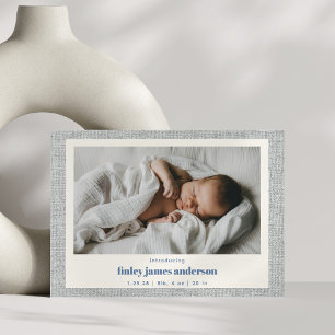 Modern Blue Gray Linen Texture Baby Foto Birth Ankündigung