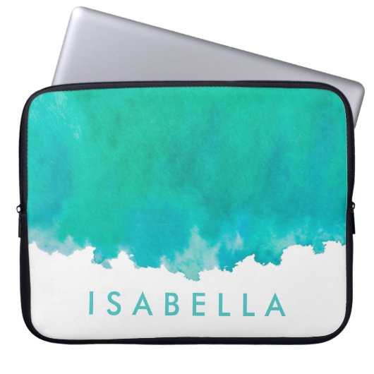 Modern Blue Green Aquamarin Watercolor Name Elegan Laptopschutzhülle (Vorderseite)