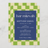 Modern Blue Green Checkerboard Bar Mitzvah UAWG Einladung (Vorne/Hinten)