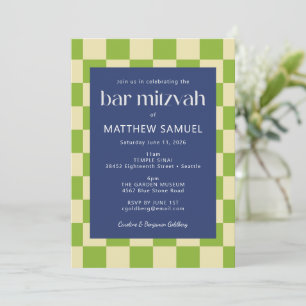 Modern Blue Green Checkerboard Bar Mitzvah UAWG Einladung