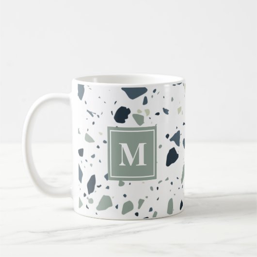 Modern Blue Green Terrazzo Marmormonogramm Kaffeetasse (Links)