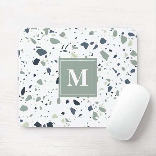 Modern Blue Green Terrazzo Marmormonogramm Mousepad (Mit Mouse)