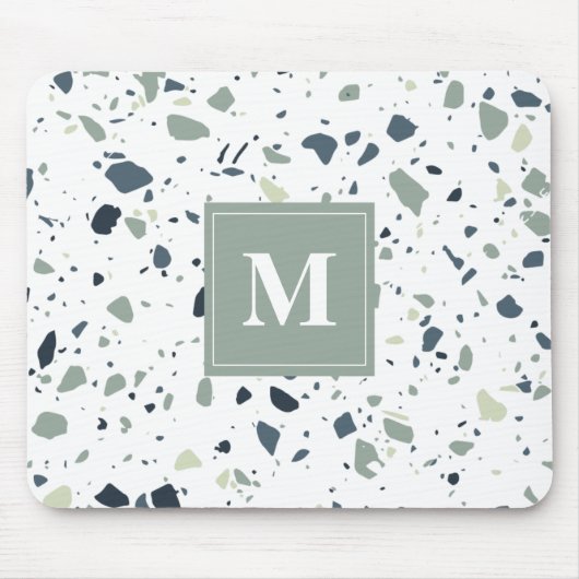 Modern Blue Green Terrazzo Marmormonogramm Mousepad (Vorne)