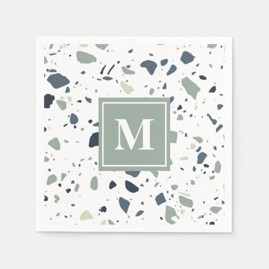 Modern Blue Green Terrazzo Marmormonogramm Serviette (Vorderseite)