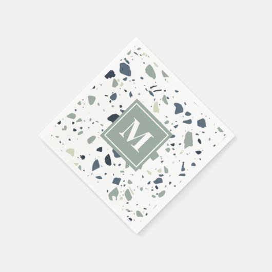Modern Blue Green Terrazzo Marmormonogramm Serviette (Ecke)
