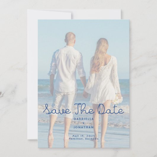 Modern Blue Handwritten Wedding Photo  Save The Date (Vorderseite)
