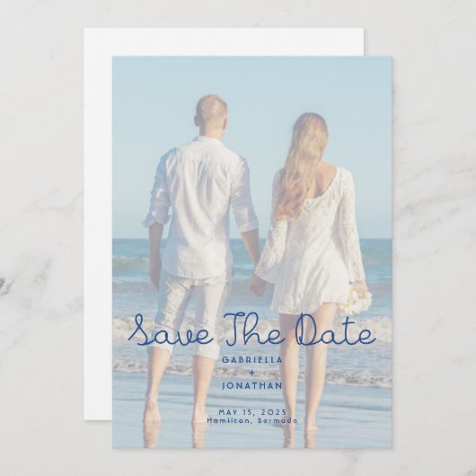 Modern Blue Handwritten Wedding Photo Save The Date (Vorne/Hinten)