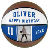 Modern Blue Happy Birthday Foto Basketball (Vorderseite)