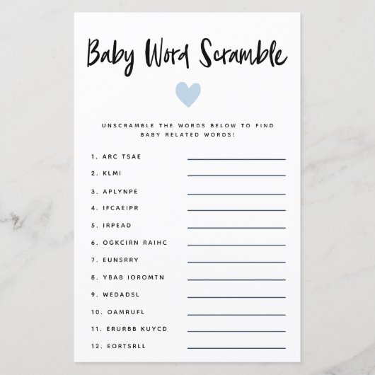 Modern Blue Heart Baby Word Scramble Game (Vorderseite)