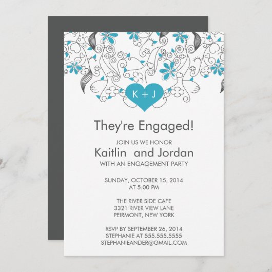 Modern Blue Heart mit Blume Engagement Party Einladung (Vorne/Hinten)