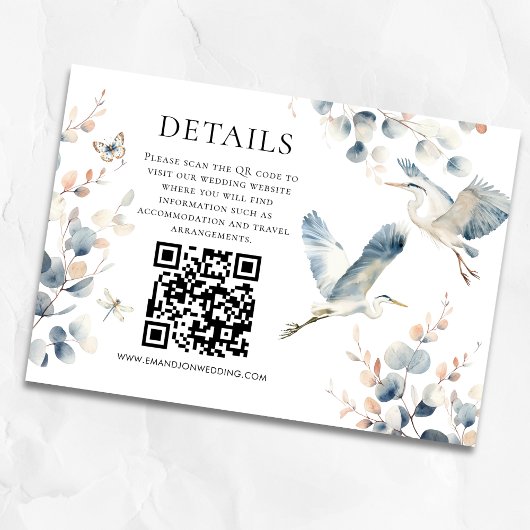 Modern Blue Heron QR Code Wedding Details Begleitkarte
