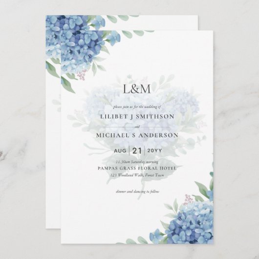 Modern Blue Hydrangea Bloral Wedding Einladung (Vorne/Hinten)