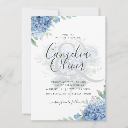 Modern Blue Hydrangea Bloral Wedding Einladung (Vorderseite)