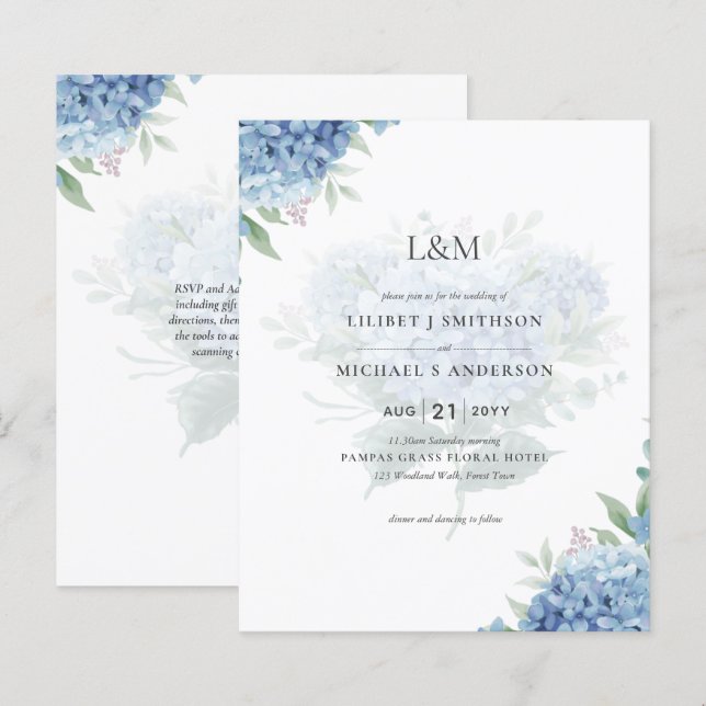 Modern Blue Hydrangea Bloral Wedding Einladung (Vorne/Hinten)
