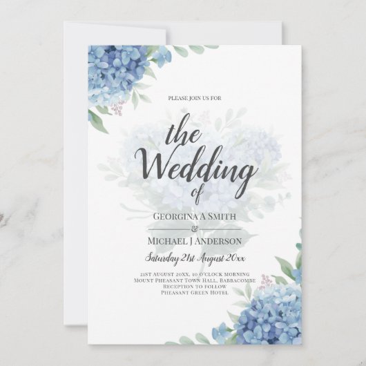 Modern Blue Hydrangea Bloral Wedding Einladung (Vorderseite)