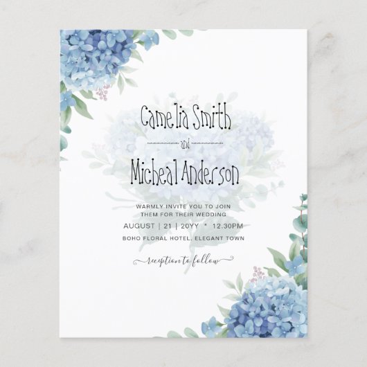 Modern Blue Hydrangea Bloral Wedding Einladung (Vorderseite)