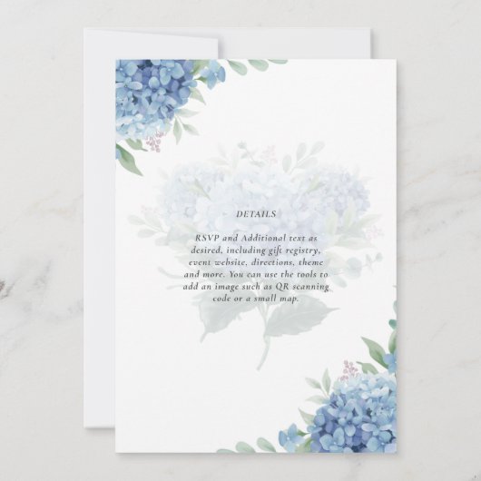Modern Blue Hydrangea Bloral Wedding Einladung (Rückseite)