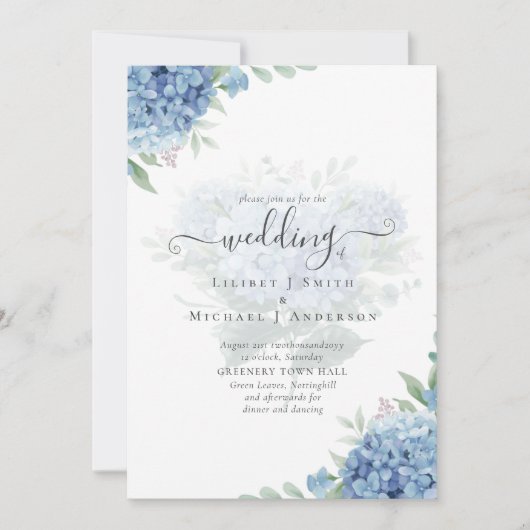 Modern Blue Hydrangea Bloral Wedding Einladung (Vorderseite)
