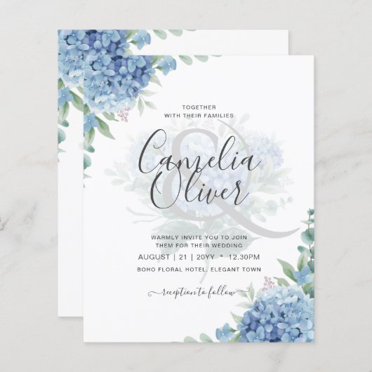 Modern Blue Hydrangea Bloral Wedding Einladung (Vorne/Hinten)