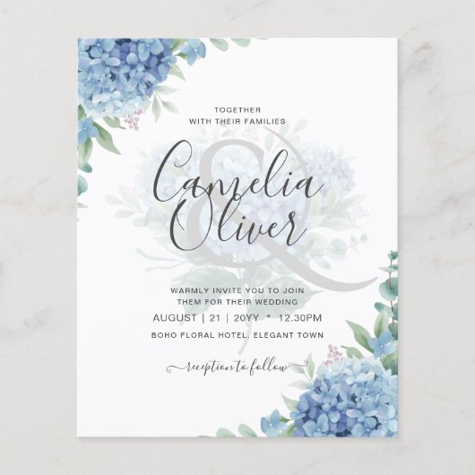Modern Blue Hydrangea Bloral Wedding Einladung (Vorderseite)
