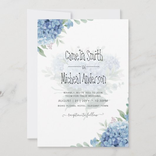Modern Blue Hydrangea Bloral Wedding Einladung (Vorderseite)