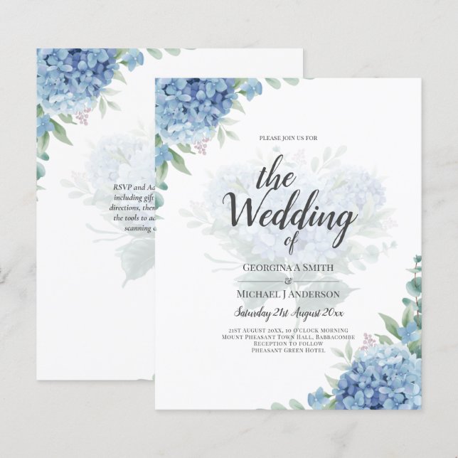 Modern Blue Hydrangea Bloral Wedding Einladung (Vorne/Hinten)