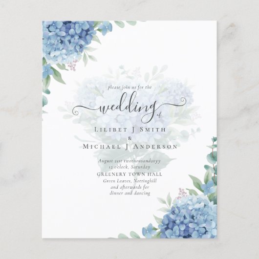 Modern Blue Hydrangea Bloral Wedding Einladung Flyer (Vorne)