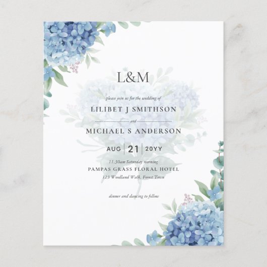 Modern Blue Hydrangea Bloral Wedding Einladung Flyer (Vorne)