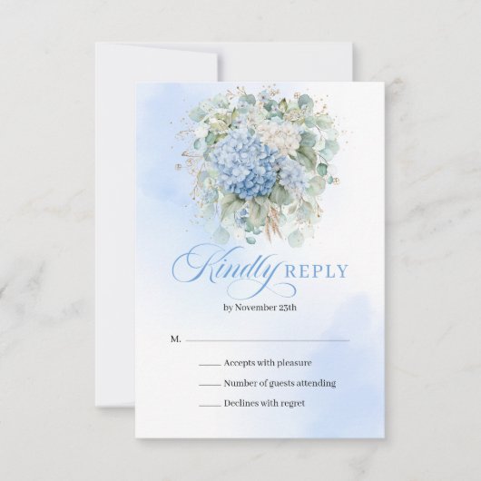 Modern Blue Hydrangea Eucalyptus Wedding RSVP (Vorderseite)