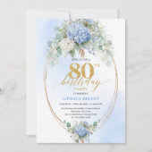 Modern Blue Hydrangea Gold Frame 80th Birthday  Einladung (Vorderseite)