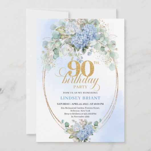 Modern Blue Hydrangeas Eucalyptus 90th Birthday Einladung (Vorderseite)