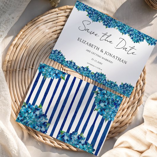 Modern Blue Hydrangeas Navy Blue Striped Wedding Save The Date