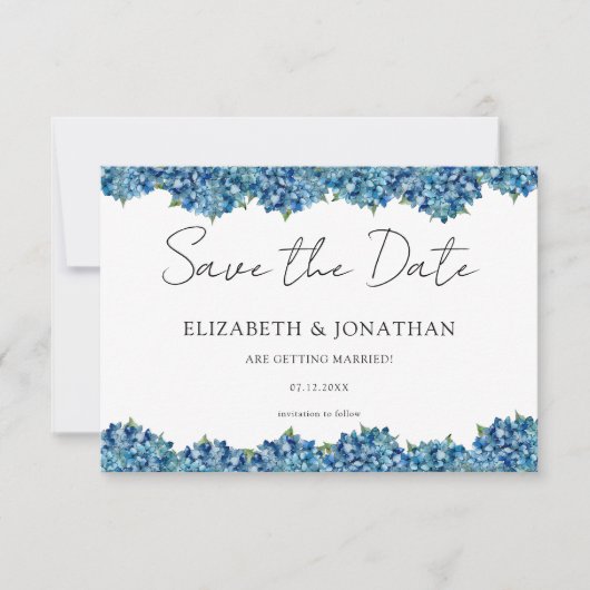 Modern Blue Hydrangeas Navy Blue Striped Wedding Save The Date (Vorderseite)