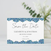 Modern Blue Hydrangeas Navy Blue Striped Wedding Save The Date (Stehend Vorderseite)