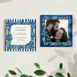 Modern Blue Hydrangeas Stripe Photo Wedding Einladung