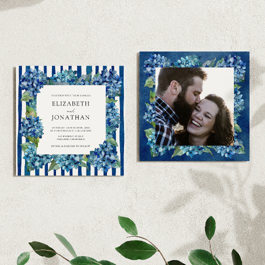 Modern Blue Hydrangeas Stripe Photo Wedding Einladung