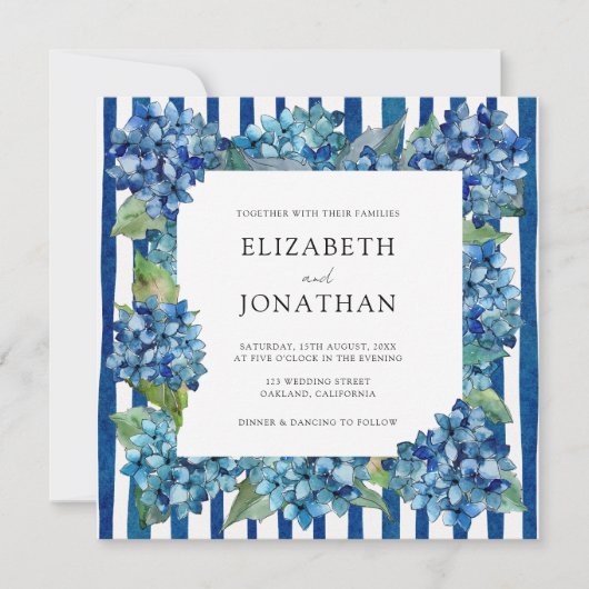 Modern Blue Hydrangeas Stripe RSVP QR Code Wedding Einladung (Vorderseite)