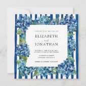 Modern Blue Hydrangeas Watercolor Stripe Wedding Einladung (Vorderseite)
