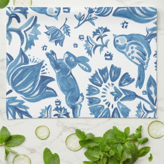 Modern Blue Jacobobon Floral Rabbit Bird Muster Geschirrtuch (Gefaltet)