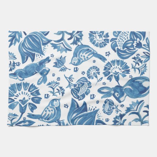 Modern Blue Jacobobon Floral Rabbit Bird Muster Geschirrtuch (Horizontal)