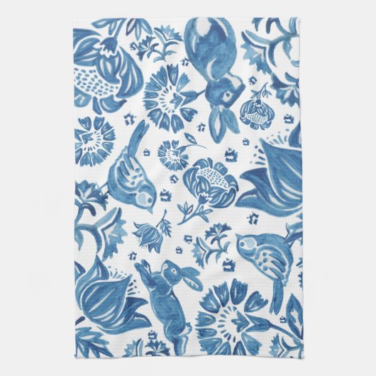 Modern Blue Jacobobon Floral Rabbit Bird Muster Geschirrtuch (Vertikal)
