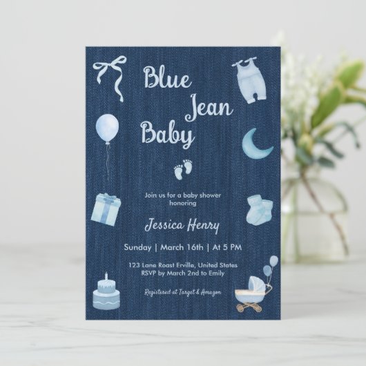 Modern Blue Jean Baby Denim Baby Shower Einladung (Stehend Vorderseite)