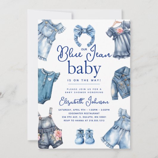 Modern Blue Jean Baby Denim Theme Girl Baby Dusche Einladung (Vorderseite)
