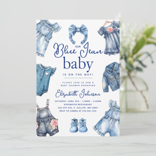Modern Blue Jean Baby Denim Theme Girl Baby Dusche Einladung (Stehend Vorderseite)